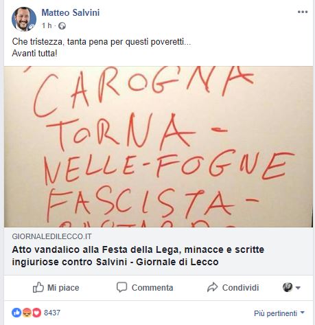 Insulti a Salvini e lui replica: “Tanta pena per questi poveretti…”