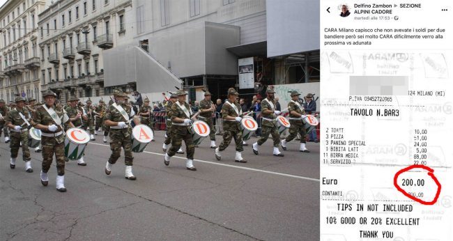 Adunata Alpini a Milano: spuntino da 200 euro, protesta social dal Cadore