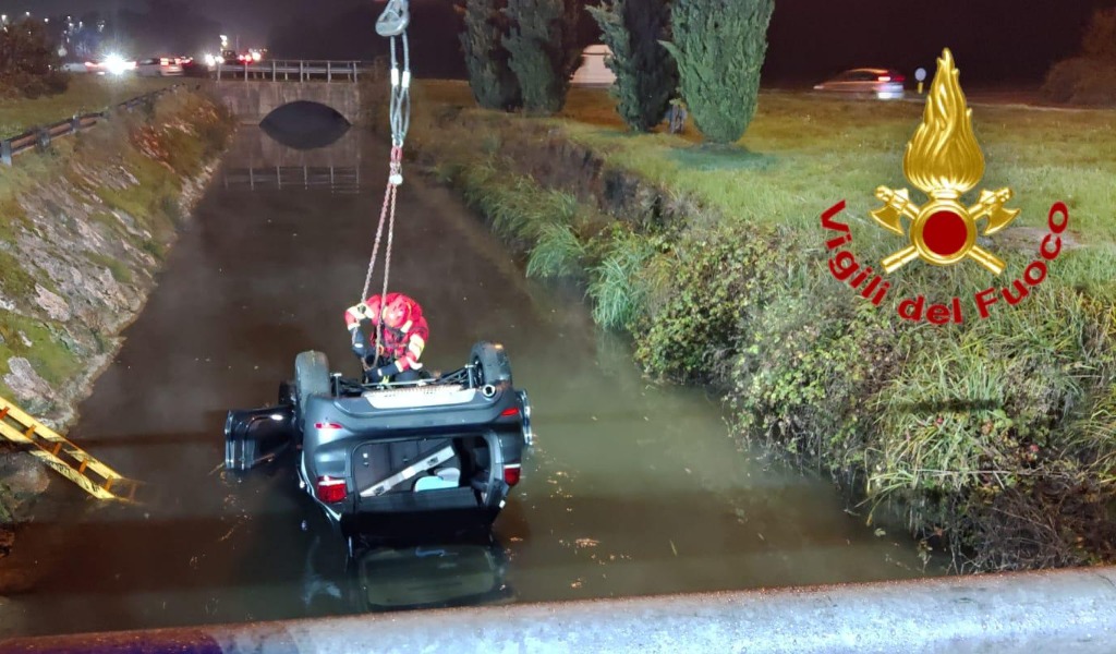 Con l’auto in un fossato pieno d’acqua: paura per coppia di 25enni