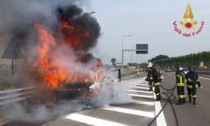 Auto a fuoco lungo la A53, mezzo completamente distrutto dalle fiamme